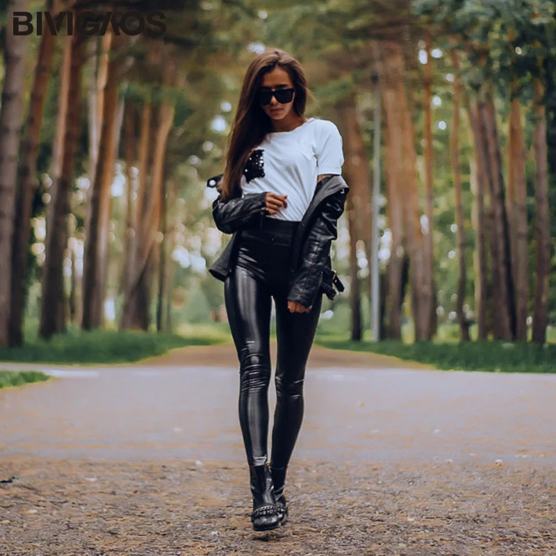 BIVIGAOS Fall Winter Women\'s Fleece Black Leather Pants Female PU Leggings Slim Skinny High Waist PU Leggings Trousers For Women