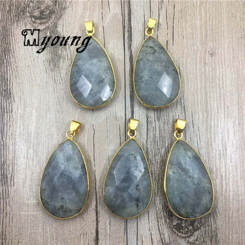 

Faceted Teardrop Labradorite Pendant Charms, Natural Stone Glowing Gem Stone Necklace Pendants, MY1759