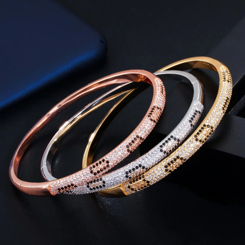 Cwwcyrkon Micro Pave cyrkonia różowe złoto i srebro kolor miłość wąż Leopard otwarta bransoletka Bangle dla kobiet prezent BG032 — zdjęcie 4