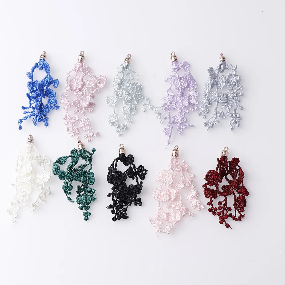 6pcs 66/68mm 2Size Mix Flower Tassels Floral Pendant Crochet Fabric Charm Drop Earring Tassel for Jewelry DIY Graft Making