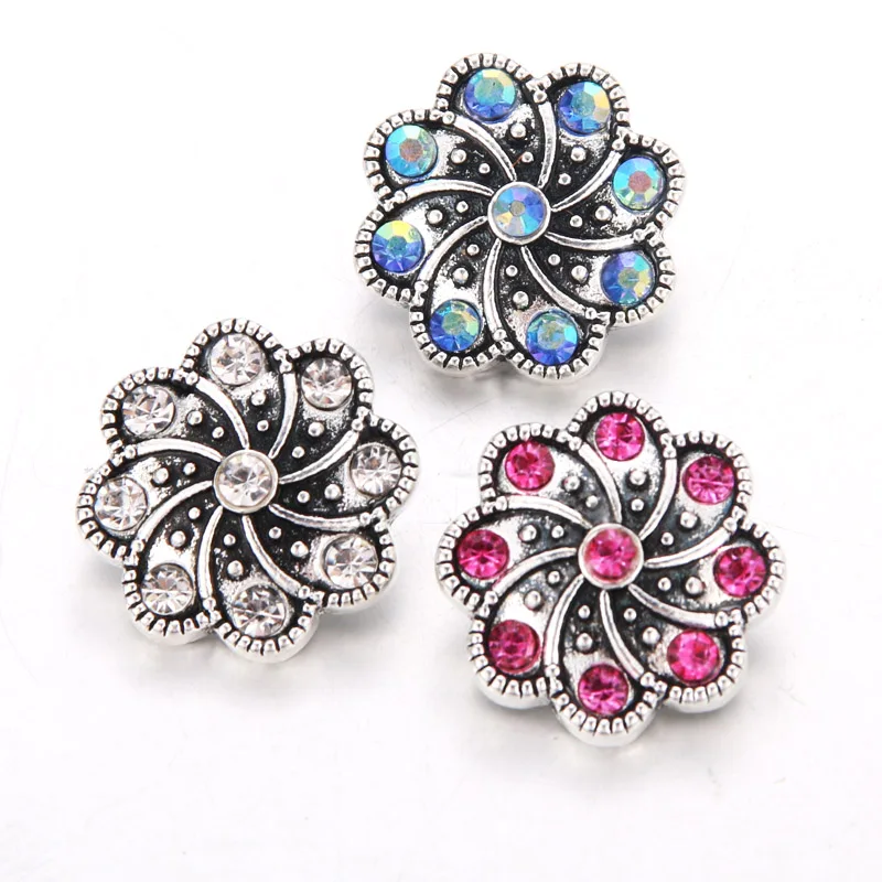 Hot wholesale flower 10pcs/lot High Quality Mix 18mm Metal Snap Button char Rhinestone diy Button Ginger Snaps Jewelry 6571