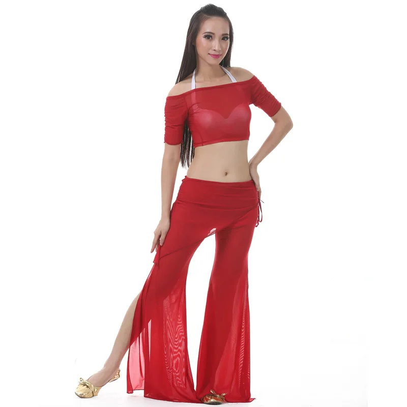 Wholesale belly dance mesh belly dance practice clothes women belly dance set top+pants