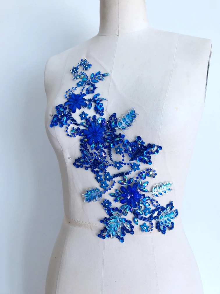 50*30cm handmade  crystal patches sew on blue rhinestones applique on mesh for  dress  accessories