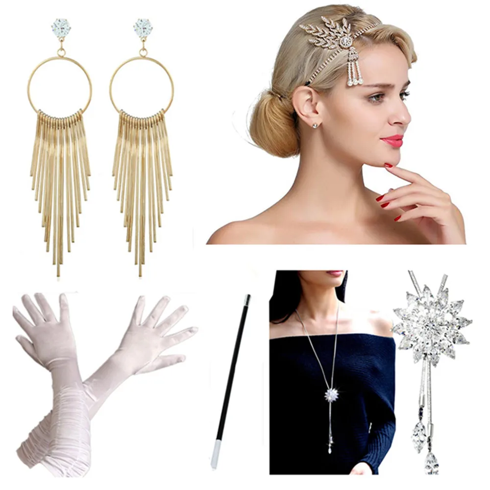 1920s great GATSBY flapper costume orecchino piuma copricapo Set Cosplay accessorio per feste Kit fascia ragazza Gangster