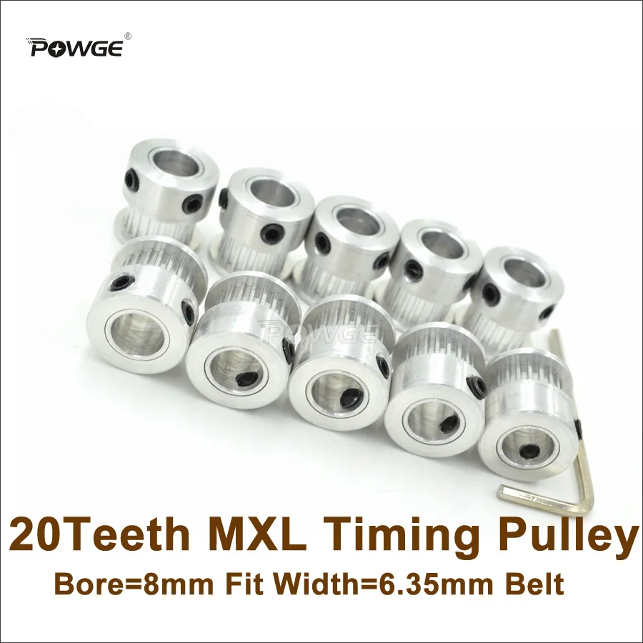 POWGE 10pcs 20 Teeth MXL Timing Pulley Bore 8mm Fit Width 6.35mm MXL Belt 20T 20Teeth MXL Pulley 3D Printer DIY Ultimaker