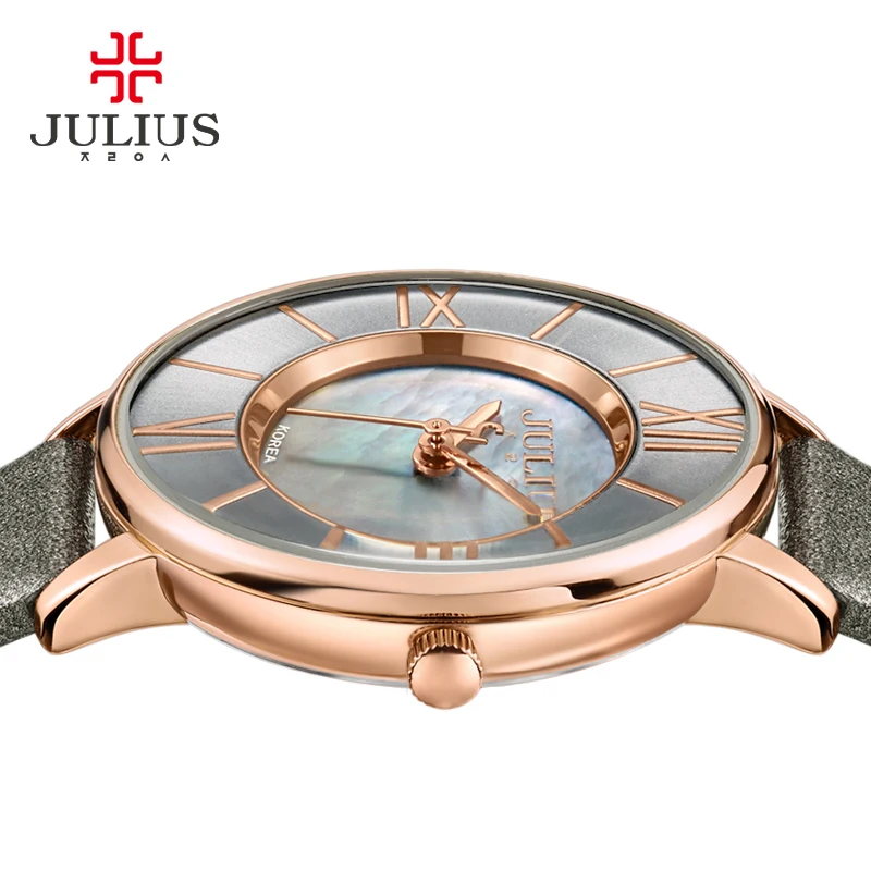 Julius Watch Women Thin Leather Wristwatch Shell dial Clock Gray RoseGold 30M Waterproof Japan Quartz Movt Stainless back JA-961