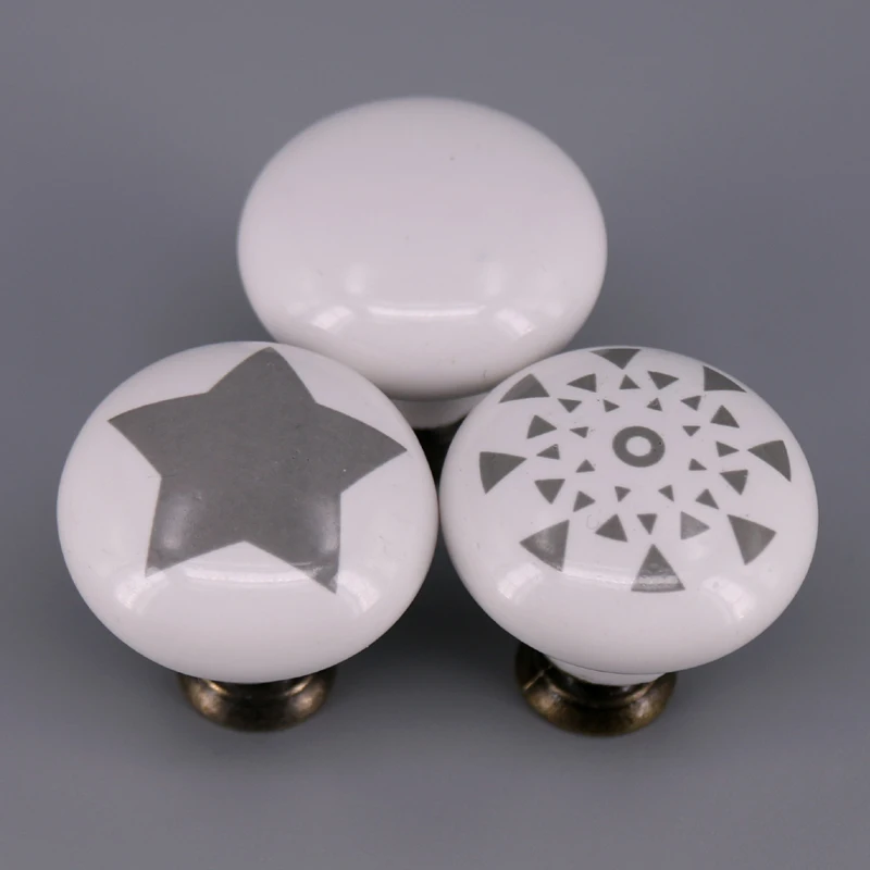 1PCS Kitchen Door Cabinets Cupboard Round Knobs Handles Star Clock Printed White Ceramic Porcelain Pull Handle Knob for kid room
