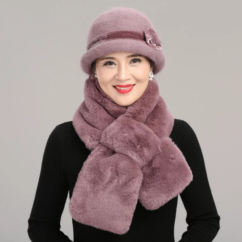 Vrouwen Winter Gebreide Wol Bassin Hoed Vrouwelijke Verdikte Warm Visser Cap Lady Fluwelen Elegante Sjaal Voor Midden-Leeftijd Moeder h7158