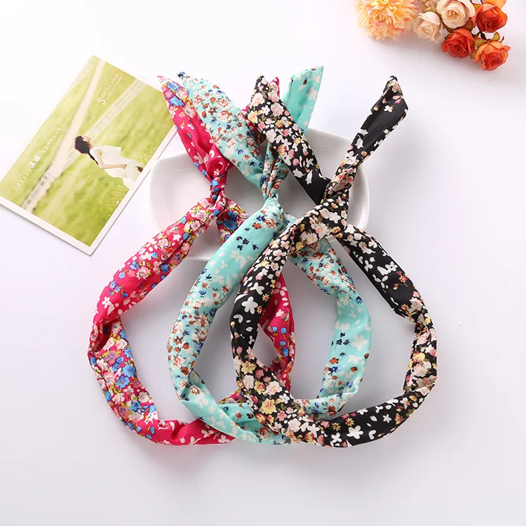 1Pc Cute Flower Dots lip print flower Bunny Rabbit Ear Ribbon Headwear Hairband Metal Wire Scarf Headband Hair Band Accessories