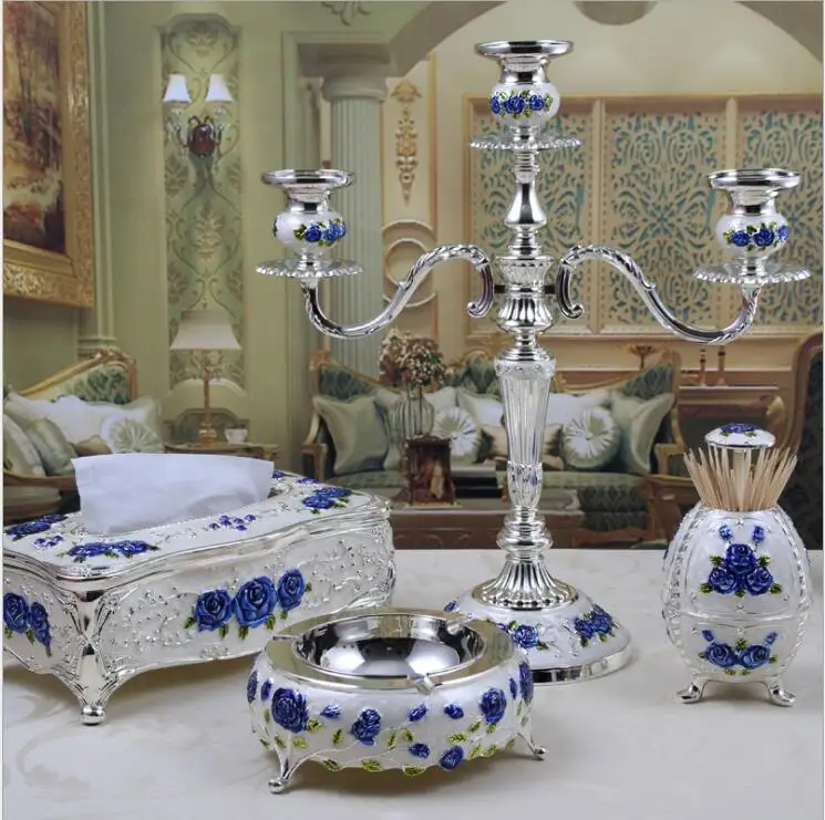 3/4pcs/set Europe metal candle holder +tissue box +toothpicker holer napkin holder tissue for home decoration candlestick JTZ004