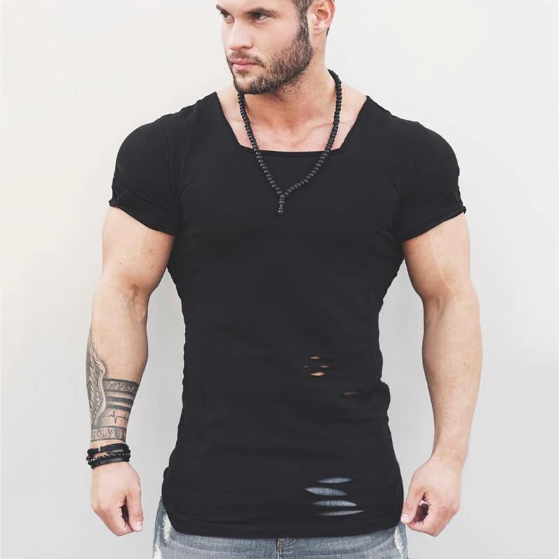 Muscleguys Brand 2023 New Fashion Solid Ripped T Shirt Mens Hip Hop Extend T Shirt Men Destroy Hole Cotton Fitness T shirt Homme