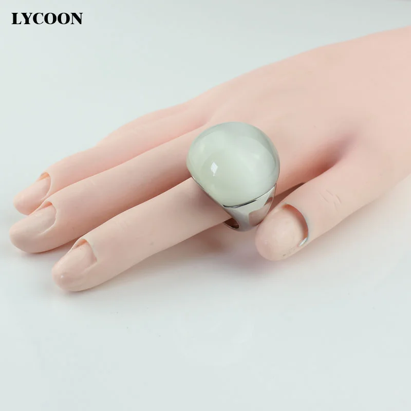 LYCOON Fashion high quality woman opals jewelry ring 316L stainless steel with white cat\'s eyes stone in ball shape big rings