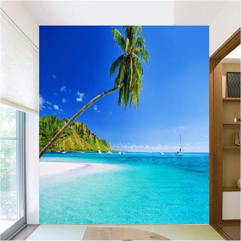 beibehang custom photo 3d wall paper Mediterranean palm mural TV backdrop blue sky clouds large wall mural wallpaper for wall 3d image 4
