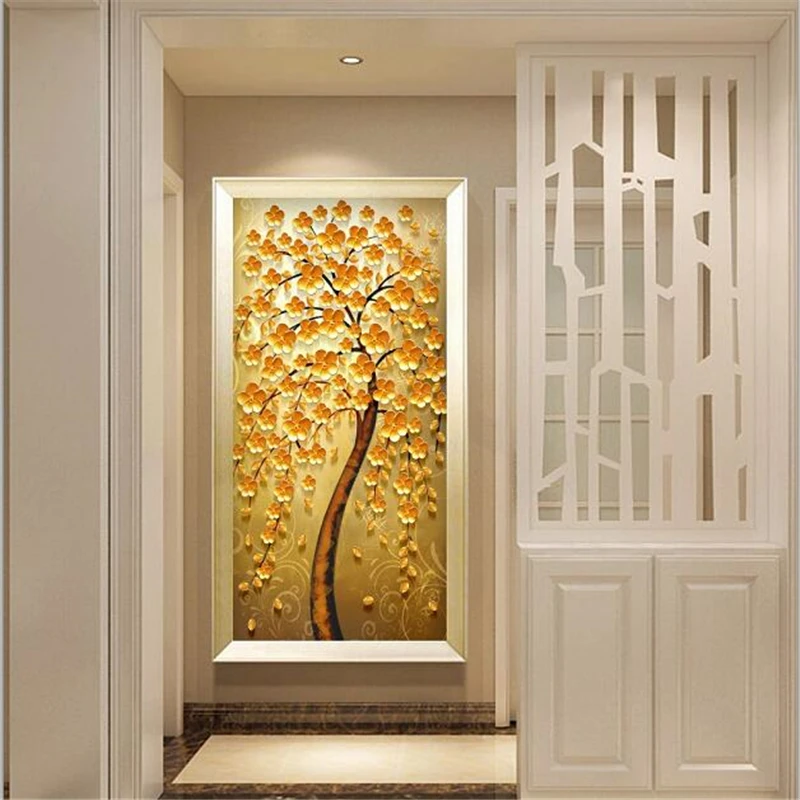 Custom wallpaper 3d murals European retro golden fortune tree abstract Nordic porch aisle decorative painting mural 3d wallpaper