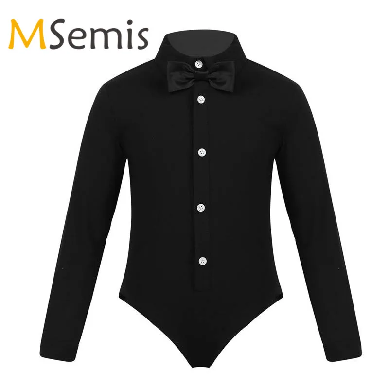 Trẻ em Trai Trang Phục Khiêu Vũ Latin Một Mảnh Latin Leotard Bodysuit Dài Tay Áo Ve Áo Bowtie Romper Áo Sơ Mi Điệu Nhảy Latin Hiện Đại mặc