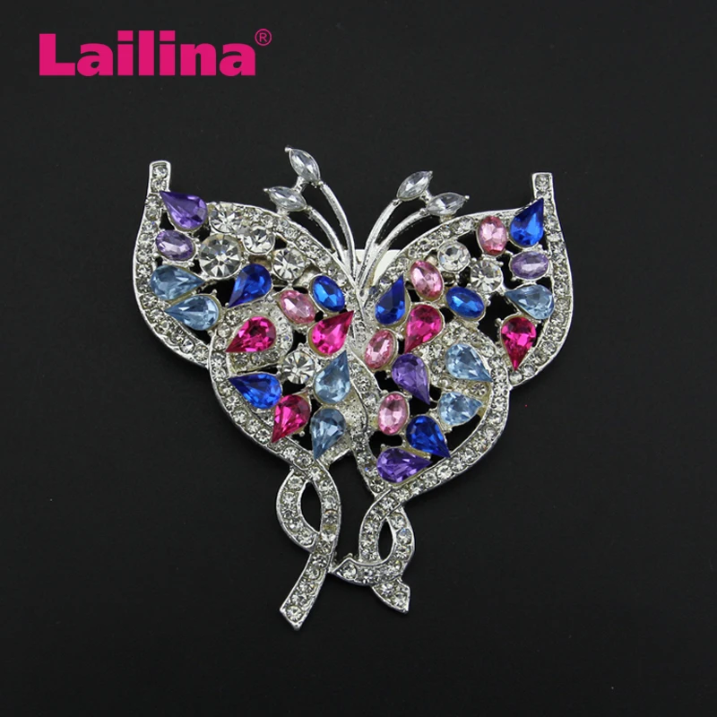 

50pcs/lot Colorful Rhinestone Crystal Butterfly Brooch Pins Silver-tone Insect Fashion Brooches Jewelry