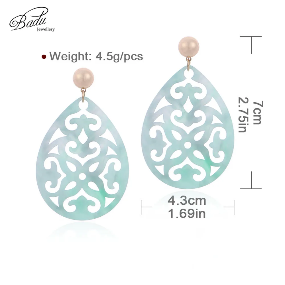 Badu Oval Acrylic Earrings for Women Bohemian Green Carved Acetic Acid Pendant Dangle Drop Earrings Party Jewelry