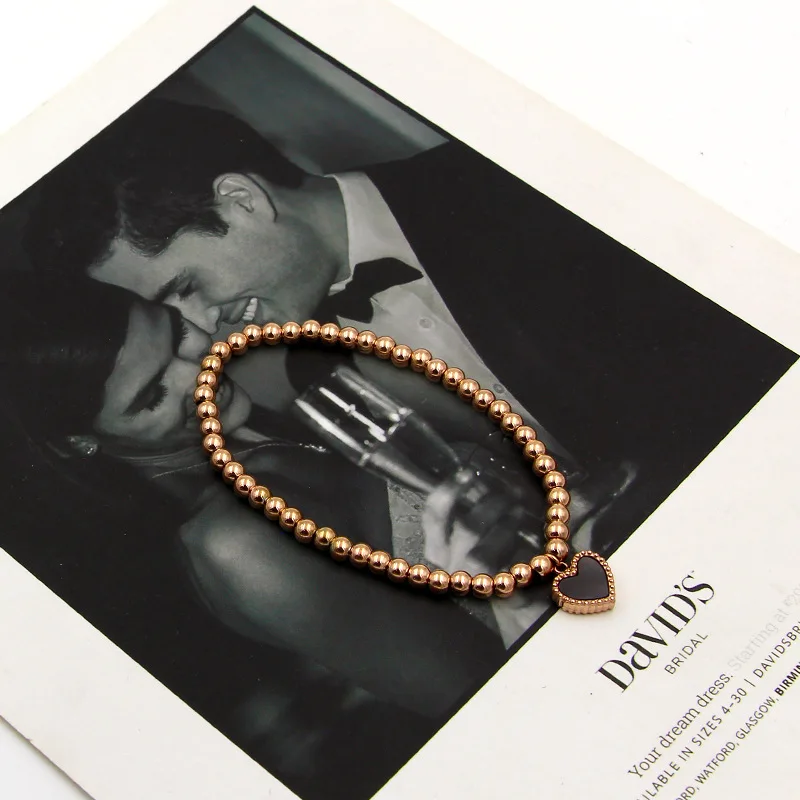 Fashion Lace Double - Sided Peach Heart Beads Elastic Rope Bracelet Rose Gold Color Bracelet For Women Jewelry