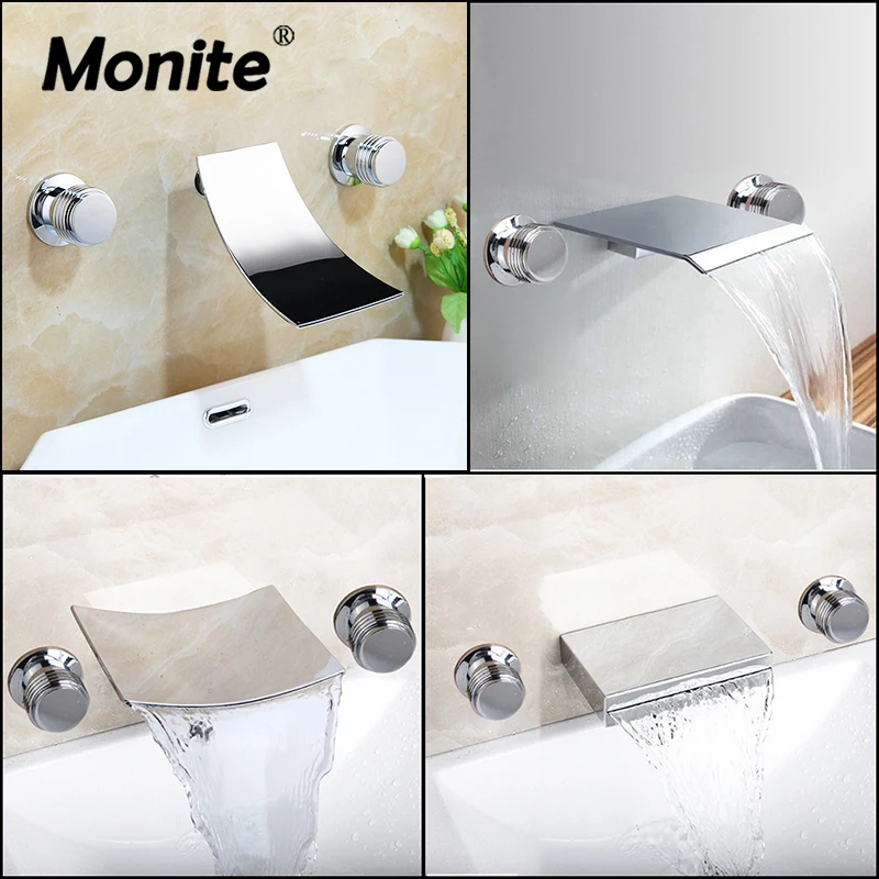 

Monite Solid Brass Bathroom Bathtub Waterfall Roman Tub 2 Handles 3pcs Faucet Mixer Taps Filler Faucet Handshower Chrome