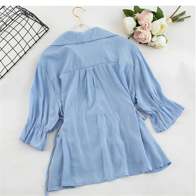 2019 Zomer Vrouwen Koord Blouse Zoete Ruches Shirts Vrouwelijke Half Mouw Blouses Sexy V-hals Tie Boog Shirt Korte Tops AB1425