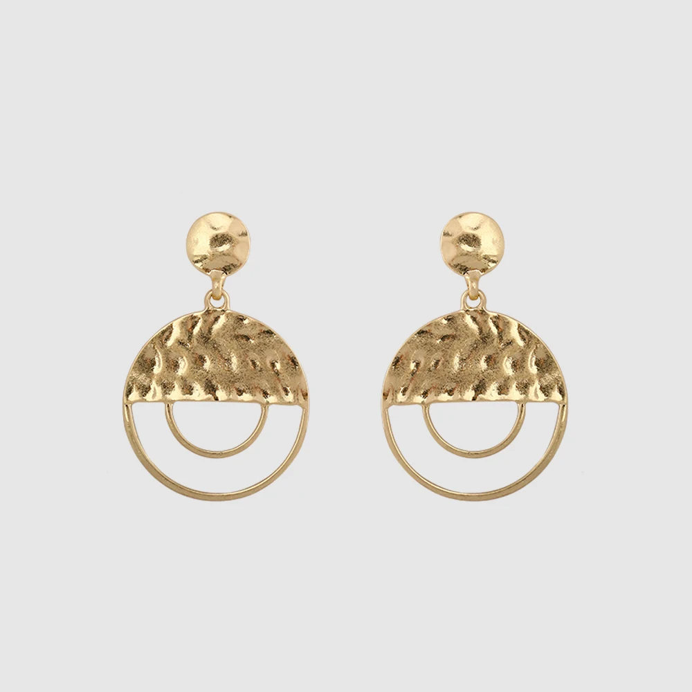 Banny Pink Worn Gold Color Round Pendant Studs Earrings For Women Over Sized Hammered Geo Post Earrings Fashion Party Jewelry image 2