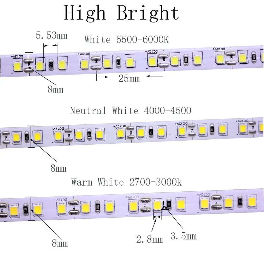 Taśmy LED taśma oświetlająca neutralny biały ww 5M 2835 SMD DC24V 12V 60/120/240/480 diody LED/m PCB 8MM 10MM 15MM wstęga LED girlanda żarówkowa 3528