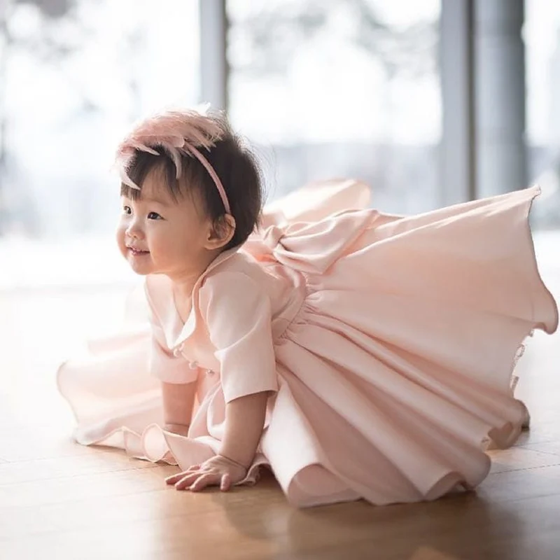 Baby Girl Dresses Pink Lace Toddler Girls Christening Dress Long Sleeve Infant 1 Year Birthday Baptism Dress Princess Costume