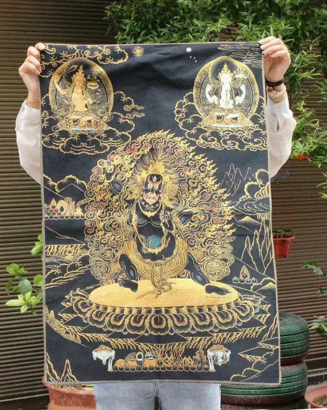 

36" Tibet Buddhism Silk ClothMahakala Wrathful Deity Embroidery Thangka Mural