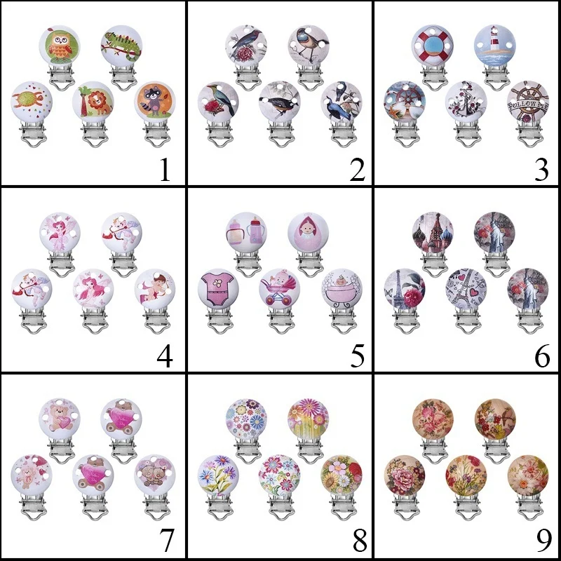 30pcs Wood Baby Pacifier Clips Plastic Alloy Button Dots White Round with Metal Holders Kids Feeding Crafts