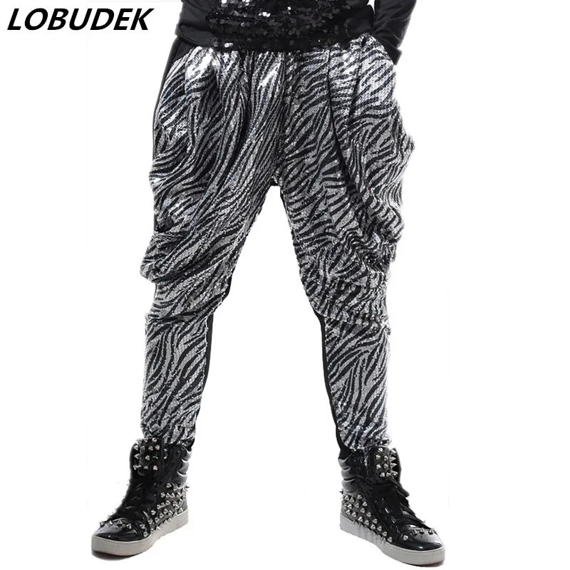 

Tide Men Nightclub Hip-Hop Stage Wear Sparkly Sequins Harem Pants Bar DJ Singer Rock DJ Costume Fashion Casual Loose Trousers