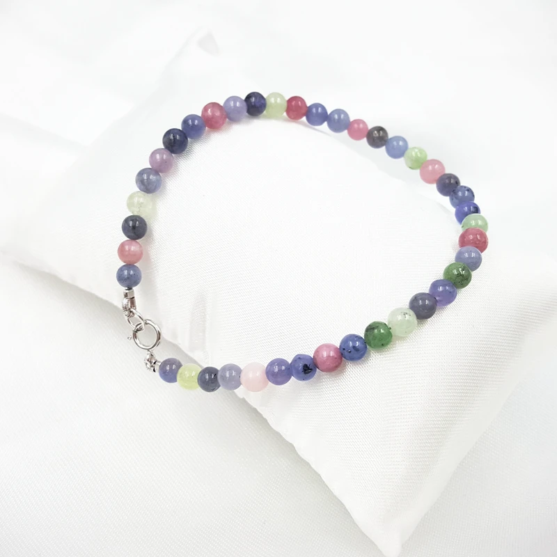 LiiJi Unique Natural Stone Mutil Color Tanzanite Beryl Tourmaline Approx 4mm Round Beads 925 Sterling Silver Bracelet 7\'\'-8\'\'