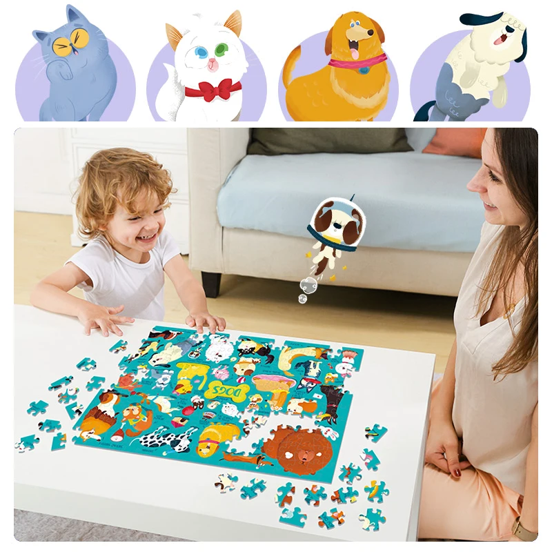 200 Pieces Of Children\'s Early Education Puzzle  Cats And Dogs Pet Animal Collection Creative Paper Gift Box Sensory Toys