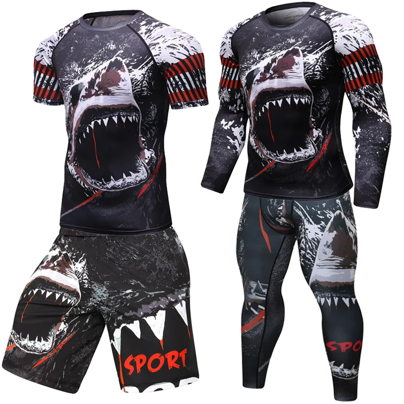 Fato de compressão masculino para fitness, camiseta e calça de manga comprida, terno esportivo MMA Rashguard, camiseta de musculação