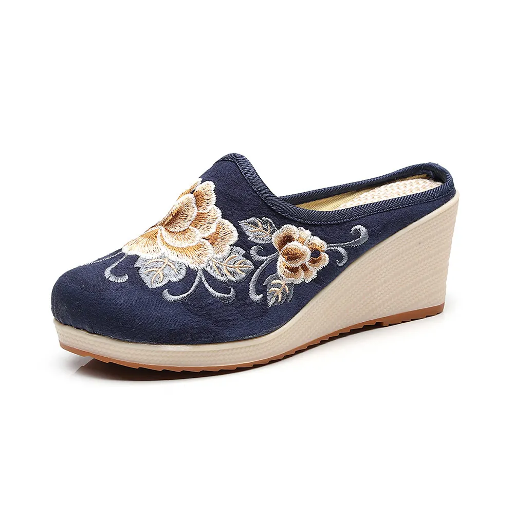 Veowalk Old Beijing Embroidery Women\'s Canvas Mules Slippers High Heel Wedge Ladies Comfort Linen Cotton Platforms Shoes