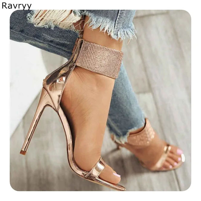 

Crystal Shoes Champagne Woman's sandals Summer bling bling rhinestone ankle strap cover heel Sexy Pumps thin heel female shoes