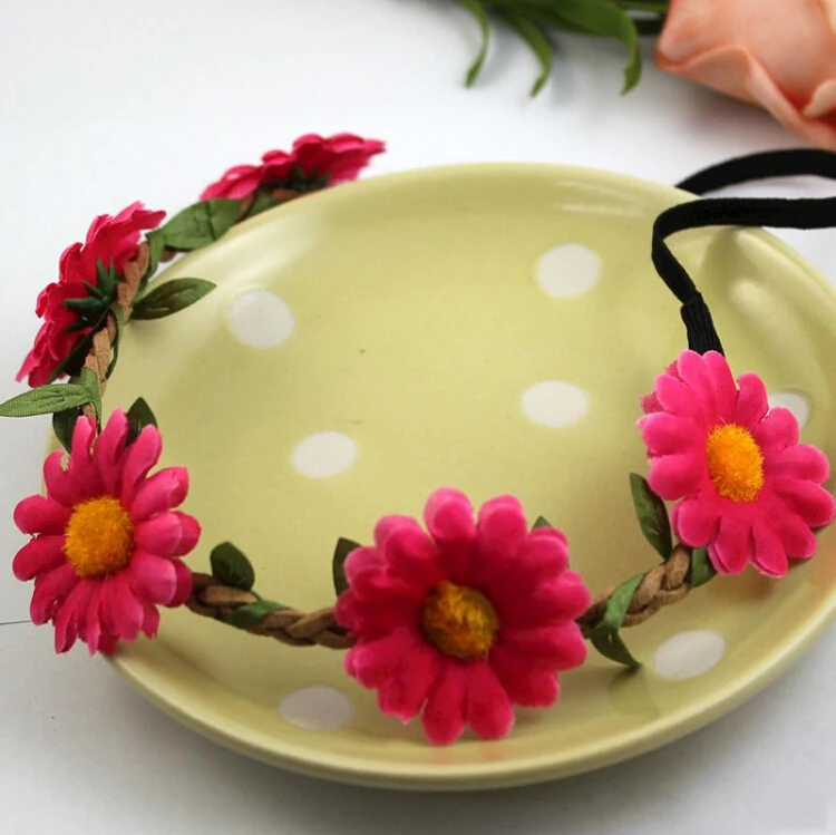 Artificial Sunflower Floral Headbands Boho Wedding Bridal Hair Jewellery Flowers Braided Leather Elastic Headpiece For Women