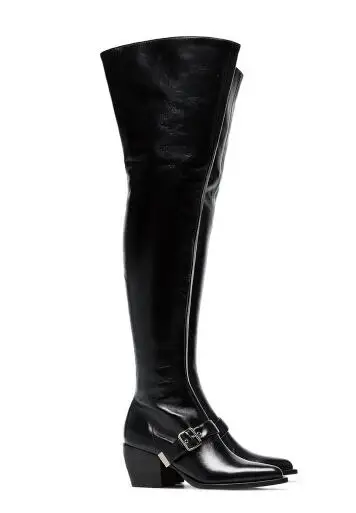 Winter New Fashion Women Solid Black Pointed Toe Buckle Rough Heels Zip Side Over The Knee Slim Thigh Long Leather Boots