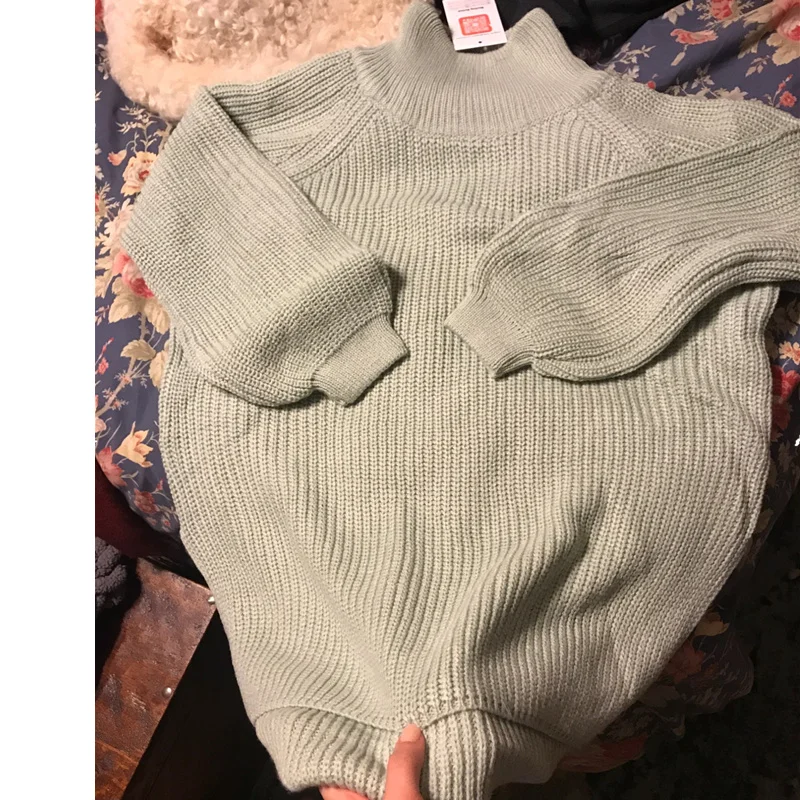 Suéter largo y grueso para mujer, jerseys de cuello alto Medio con abertura lateral y manga farol, de gran tamaño, Otoño e Invierno