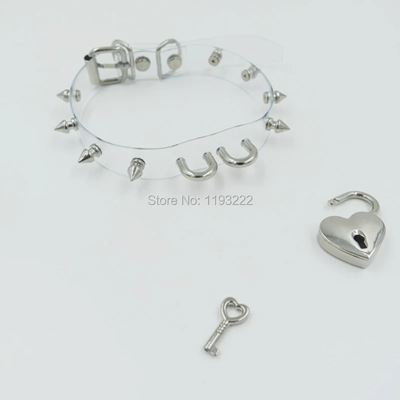 Handcrafted Safe Heart Choker Lock Key Lockable Clear PVC Vinyl Spikes Spiked Collar Adjustable Choker Necklace