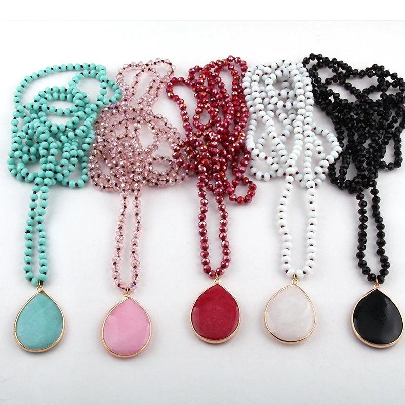 Fashion Bohemian Jewelry 6mm Glass Long Knotted Stone Drop Pendant Necklaces For Women