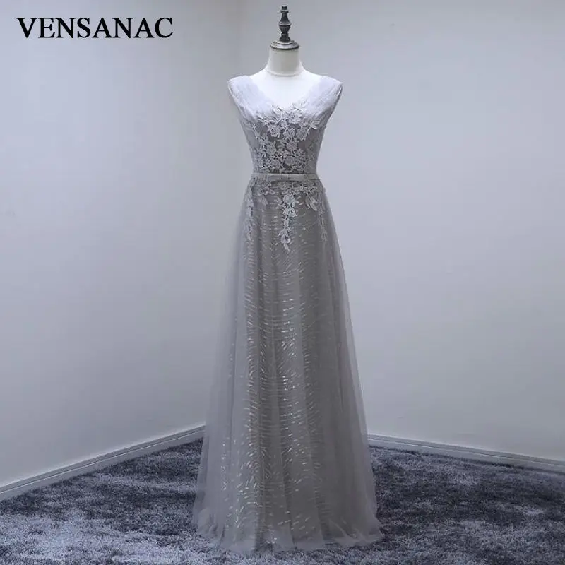 

VENSANAC 2017 New A Line Lace Appliques V Neck Long Evening Dresses Sleeveless Elegant Sequined Sash Embroidery Party Prom Gowns