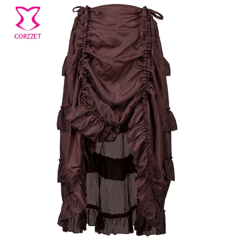 Corzzet Vintage Brown Chiffon Ruffled Steampunk Skirt Burlesque Costumes Gothic Clothing Victorian Skirt Accessories Corset