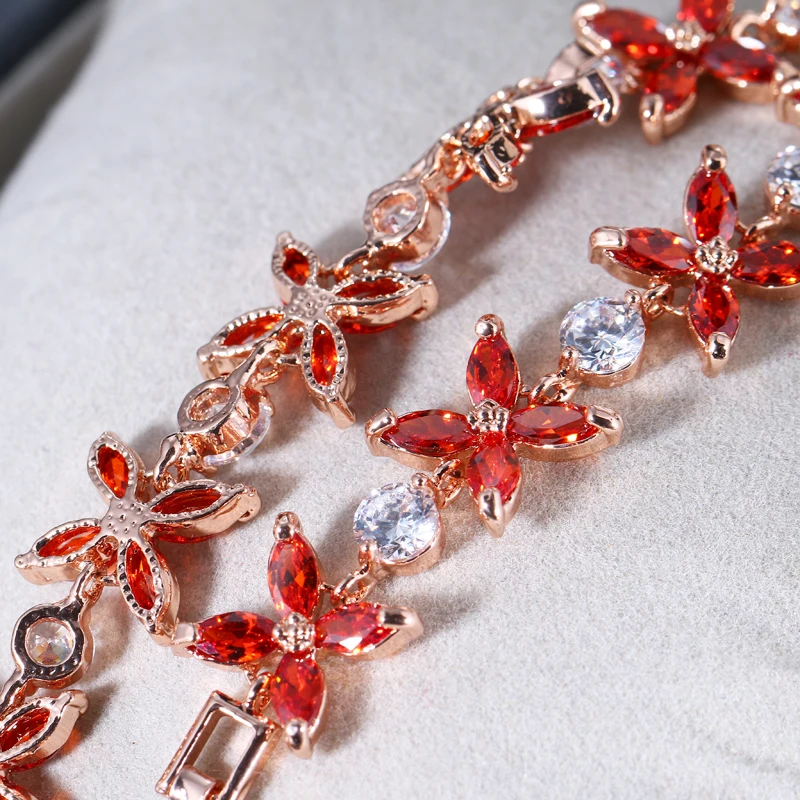 EMMAYA Silver Color Women Chain Link Bracelet Lucky Flower Wedding Jewelry Red CZ Stones Cheap Price