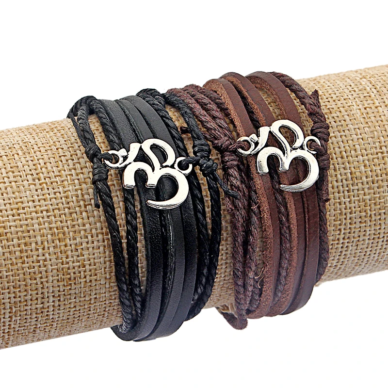 Black/Brown OM Braided Wrap Leather Bracelets for Men Fashion Rudder Charm Wood Beads Ethnic Tribal Wristbands Jewelry Gifts