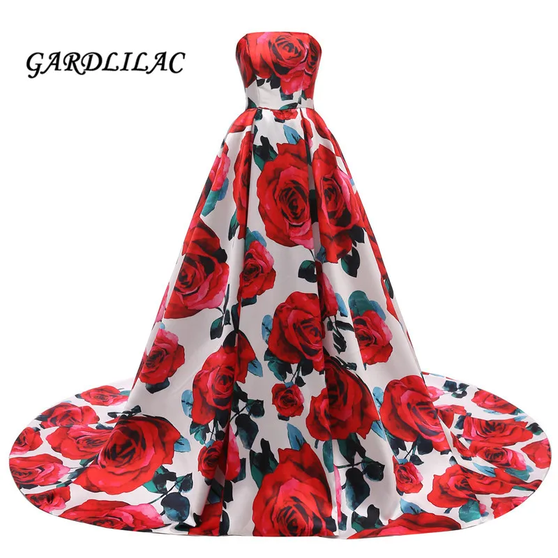 Gardlilac Strapless Red Flower Floral Print Evening Dresses Ball Gown Long Red Floral Ball Gowns for Women Formal Gowns G0137