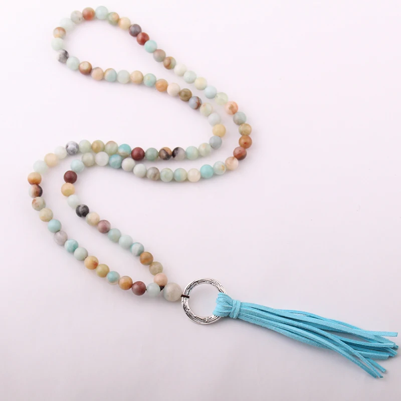 Fashion Amazonite Stones Bohemian Tribal Jewelry Circle Long Tassel Necklace