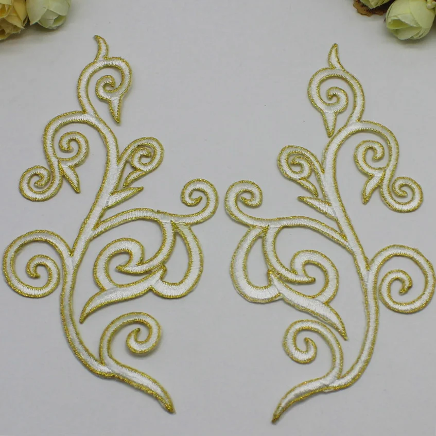 2 Pieces Gold Trim Iron on Flower Embroidered Patches Mirror Pairs Applique Costume Cosplay 18-9cm