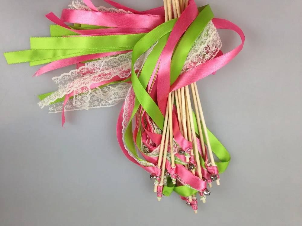 

50pcs Elegant pink and green Ribbon Wand Bell Fairy Magic Lace Wand Holiday Wedding Party Supplies Celebration Fairy Sticks