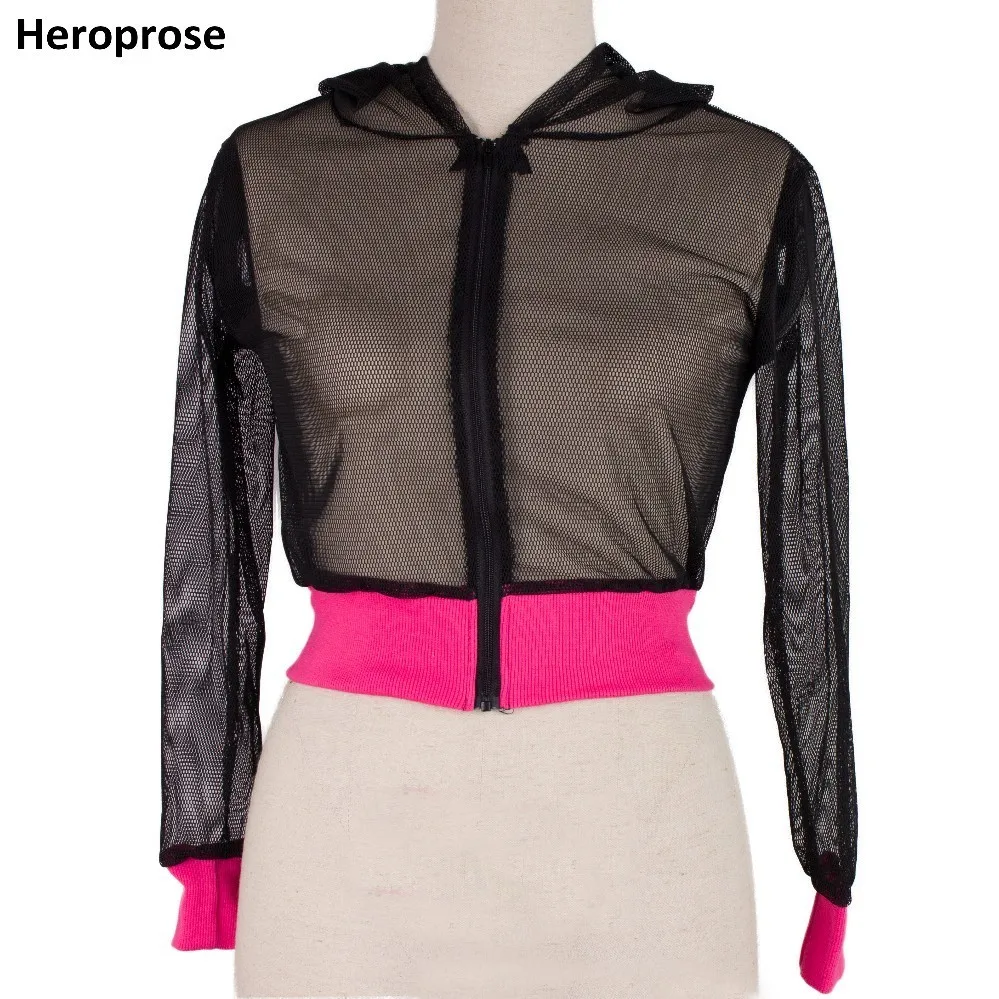 

Heroprose New Fashion Summer Women Hip Hop Slim Outwear With A Hood DS Jazz Dance Stage Female Mesh Short Jackets