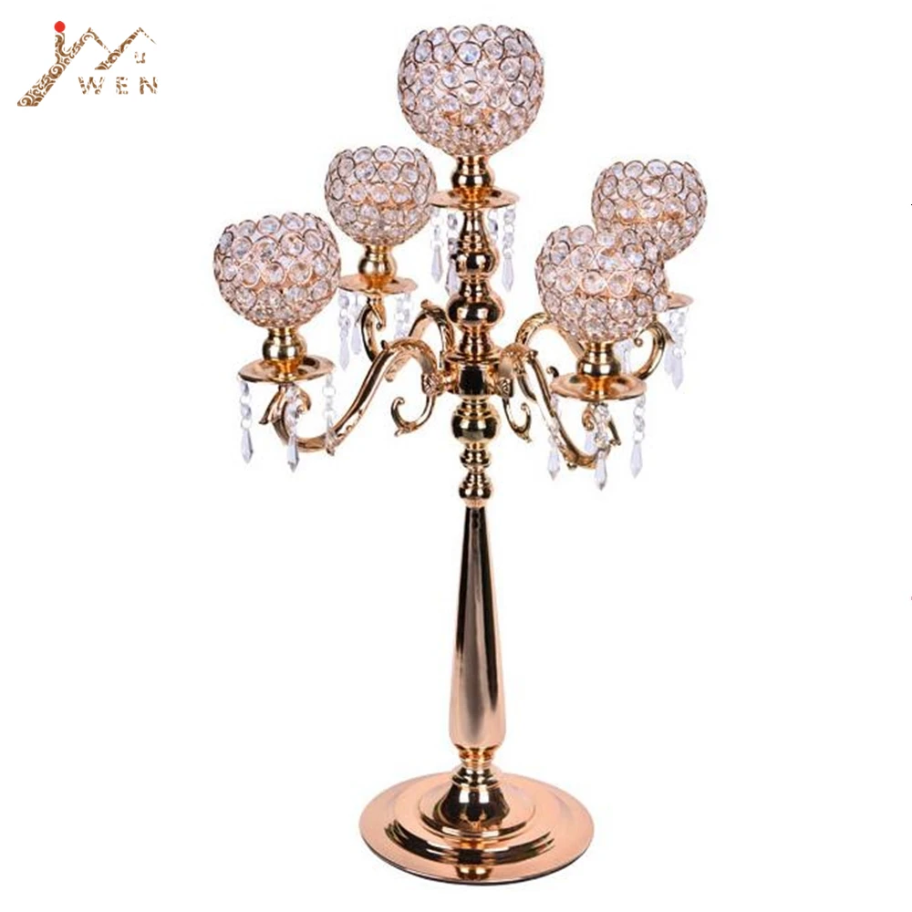 5-arms Metal Candelabras 75 cm Height Gold Finish Candlesticks with Crystal Pendants Wedding Party Event Decor Candle Holder